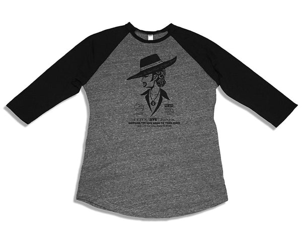 CLIVE JIVE JONES HEATHER GREY & BLACK 3/4" SLEEVE MEN’S RAGLAN